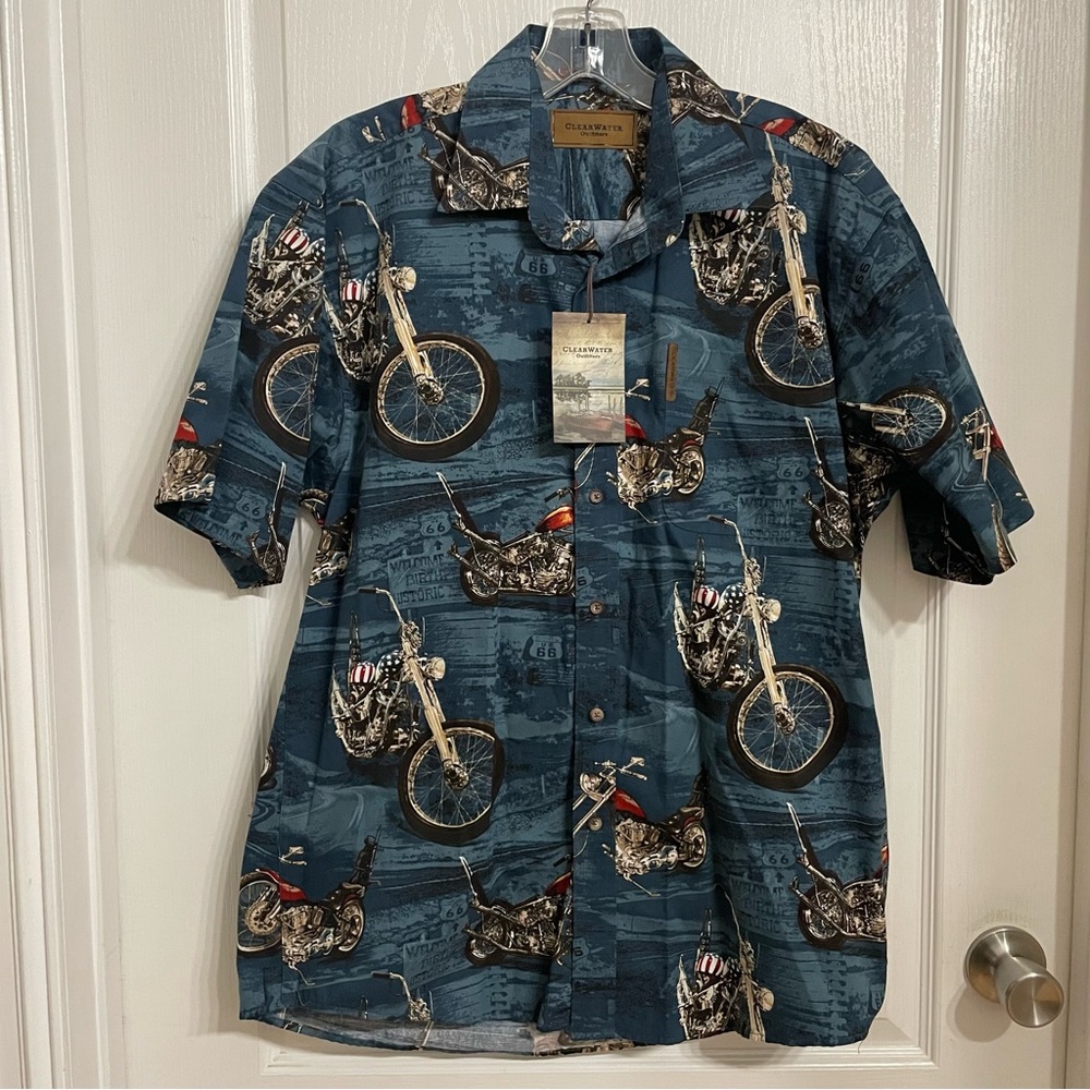 Clearwater Outfitters Men’s Shirt Motorcycles Route 66 American Flag NWT Med.
